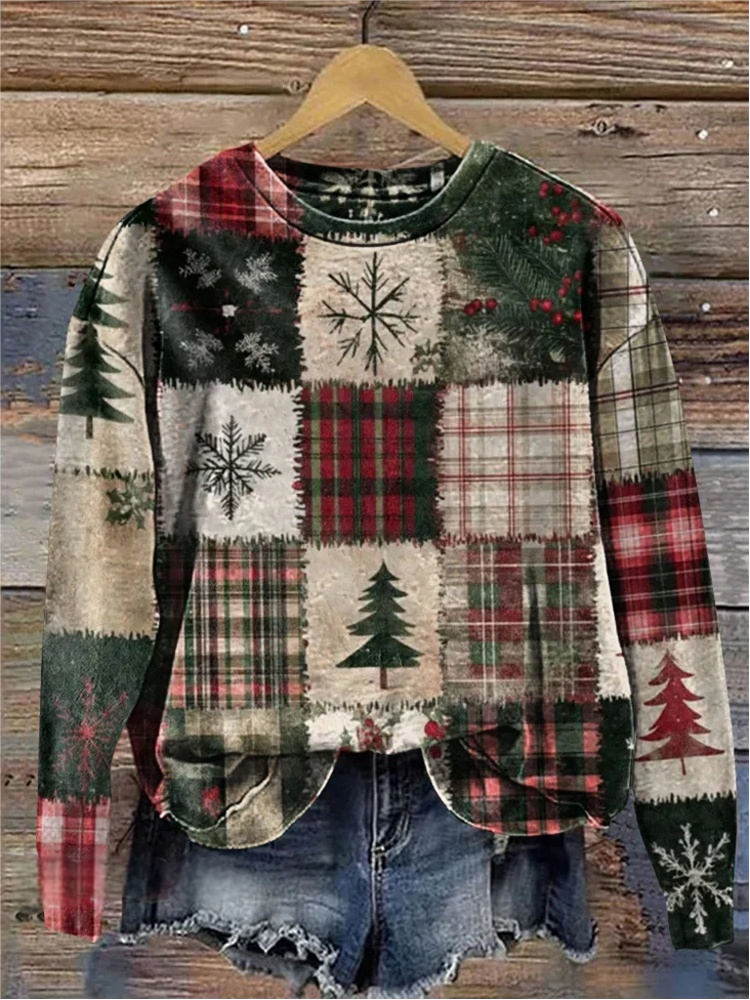 Christmas Vintage Crew Neck Plaid Sweatshirt