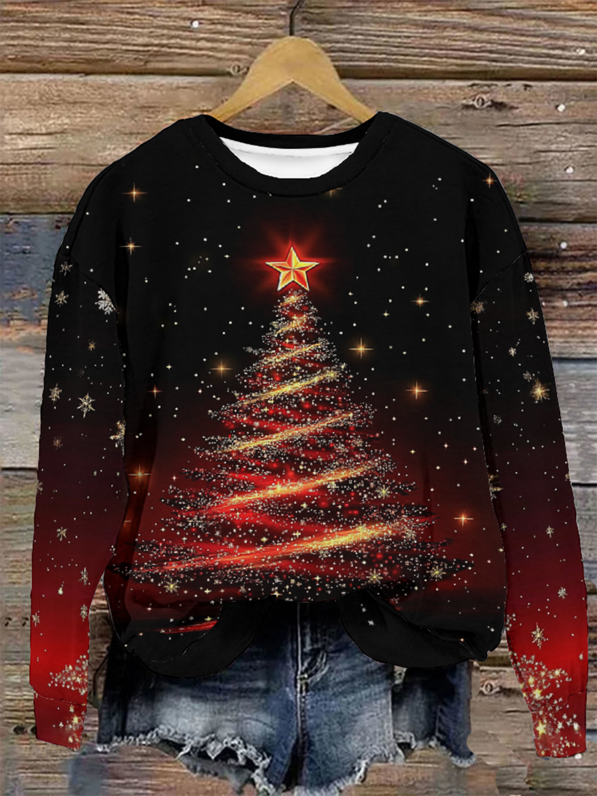 Casual Crew Neck Christmas Tree Sweatshirt