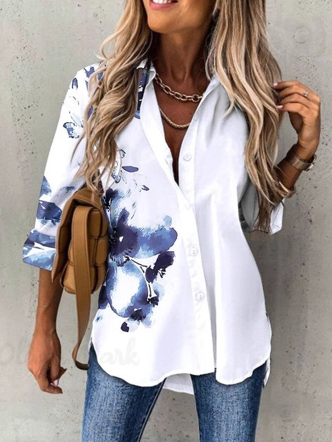 Shirt Collar Long Sleeve Floral Regular Loose Shirt For Women