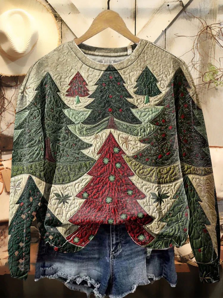 Casual Crew Neck Christmas Tree Art Print Sweatshirt