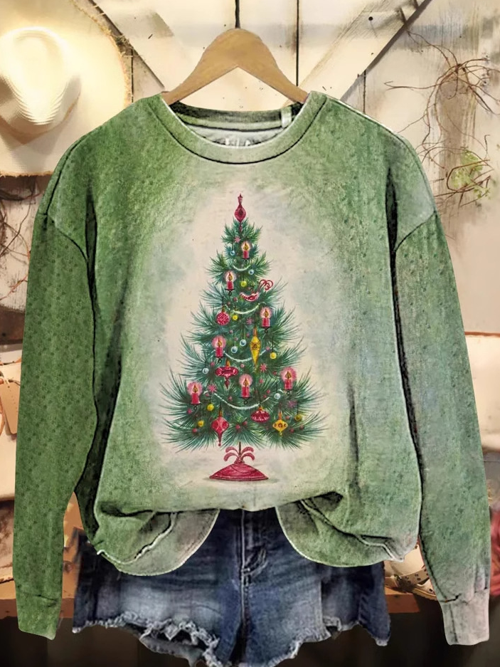 Casual Crew Neck Christmas Tree Sweatshirt