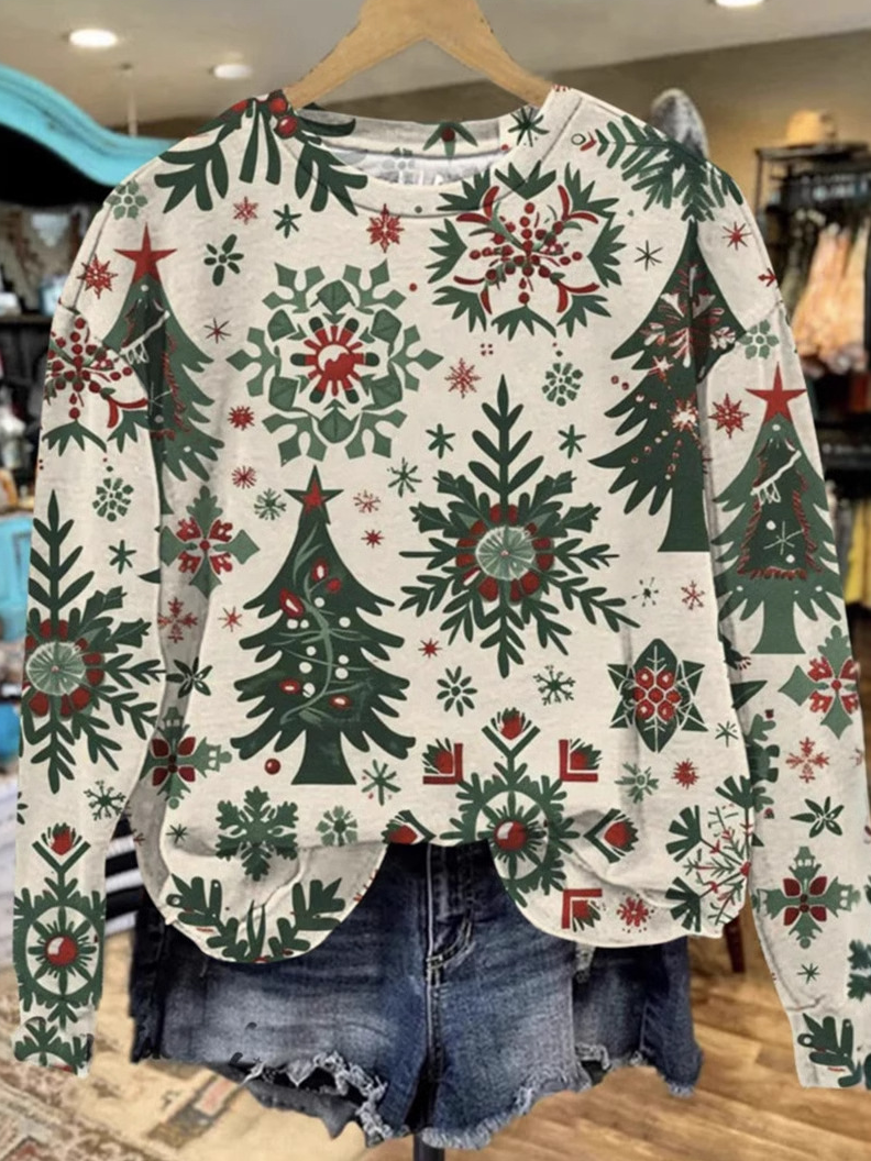 Casual Crew Neck Christmas Tree Sweatshirt