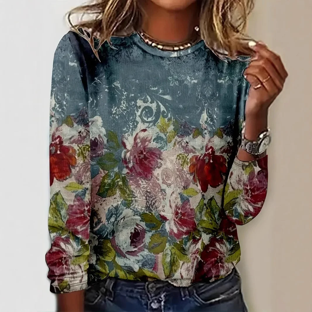 Casual Floral Crew Neck Long Sleeve T-shirt