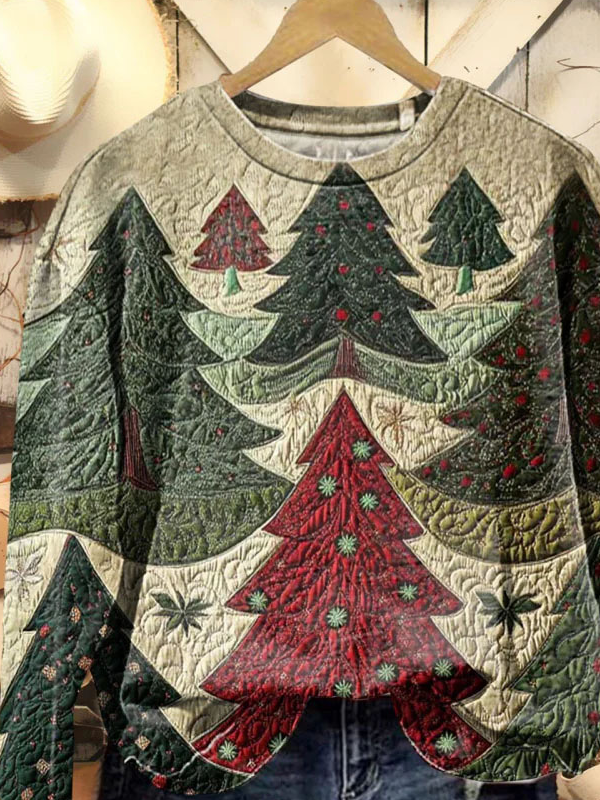 Casual Crew Neck Christmas Tree Art Print Sweatshirt