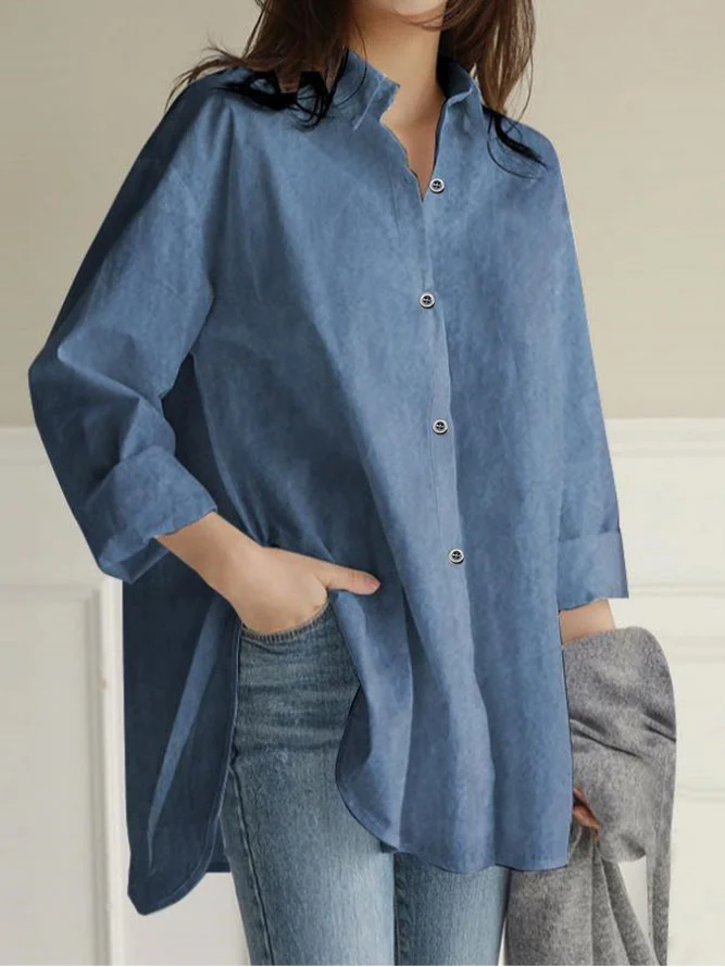 Shirt Collar Long Sleeve Plain Regular Loose Shirt For Women