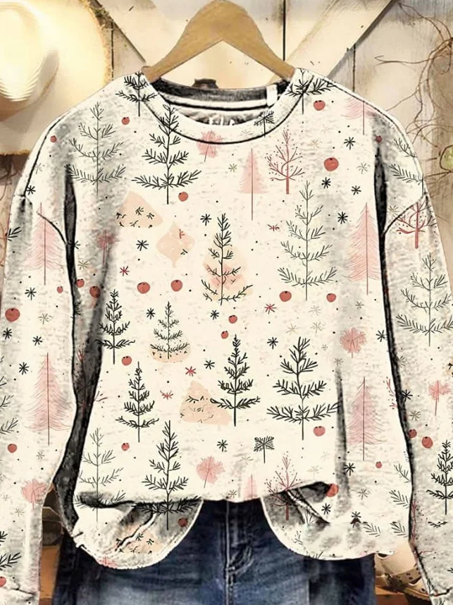 Casual Crew Neck Christmas Tree Print Sweatshirt