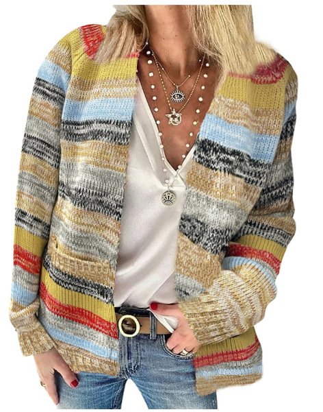 Women Yarn/Wool Yarn Multicolor Block Long Sleeve Comfy Casual Cardigan