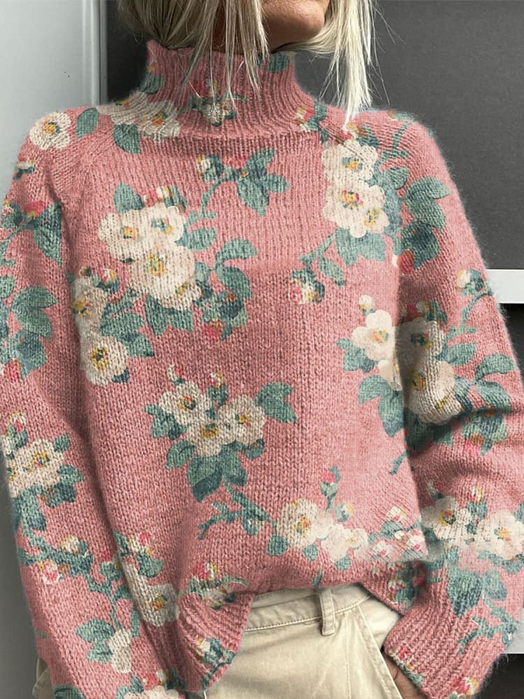 Casual Turtleneck Floral Sweatshirt