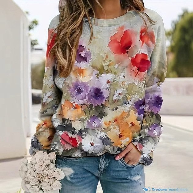 Casual Crew Neck Floral Sweatshirt