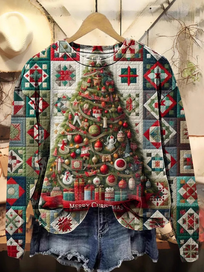 Casual Crew Neck Christmas Tree Sweatshirt