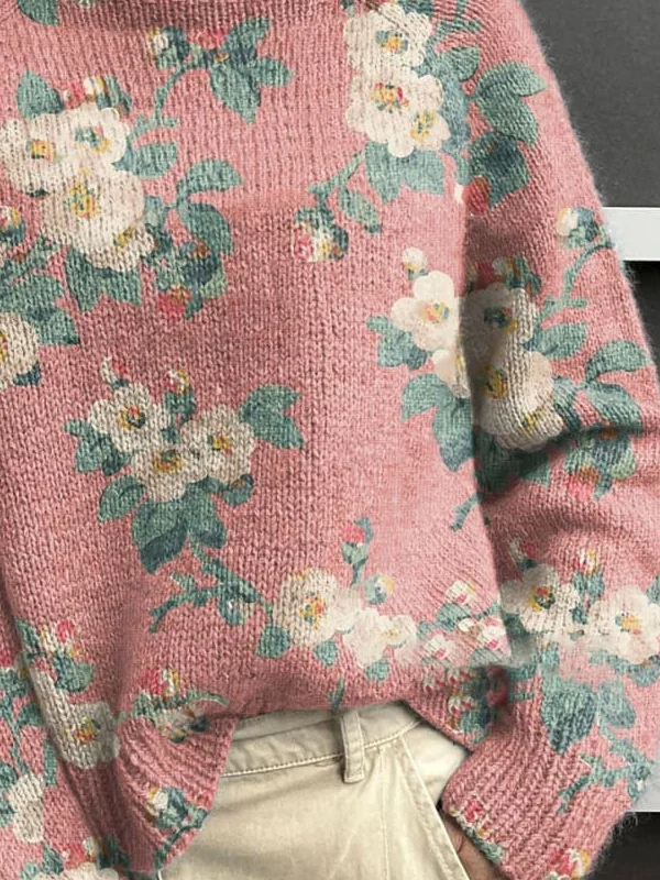 Casual Turtleneck Floral Sweatshirt