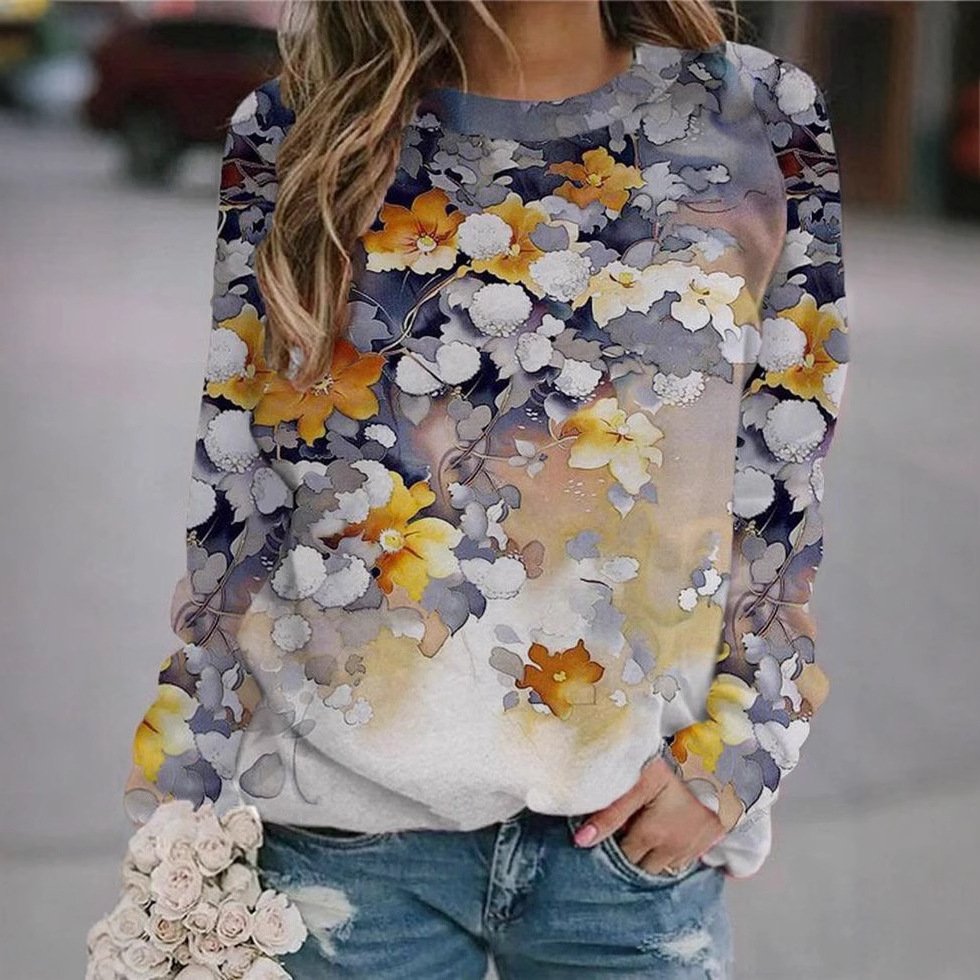 Casual Crew Neck Floral Sweatshirt