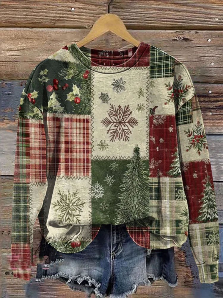 Casual Crew Neck Christmas Patchwork Art Print Sweatshirt