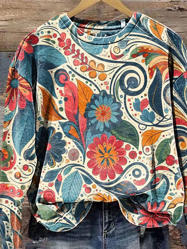 Casual Crew Neck Floral Sweatshirt