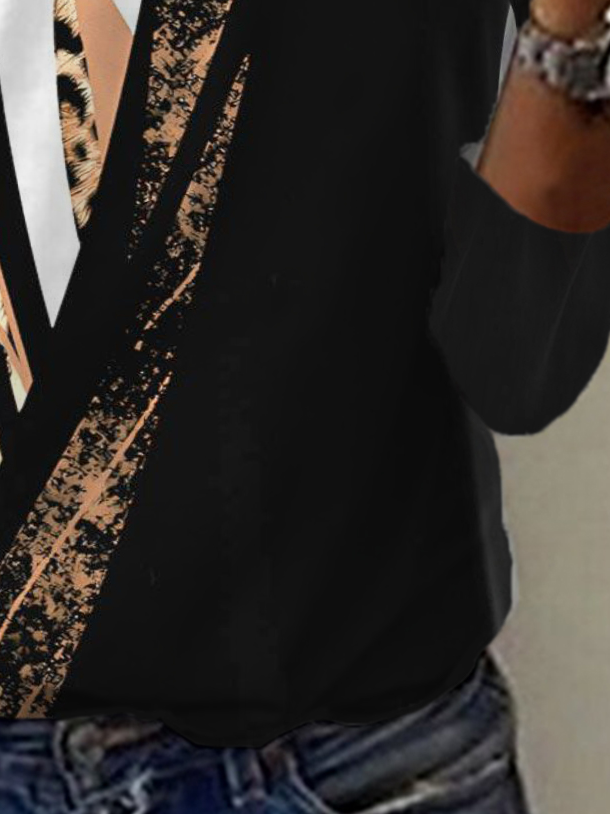 Casual Leopard V Neck Long Sleeve T-shirt