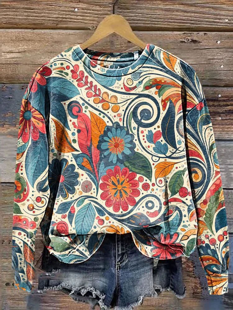 Casual Crew Neck Floral Sweatshirt