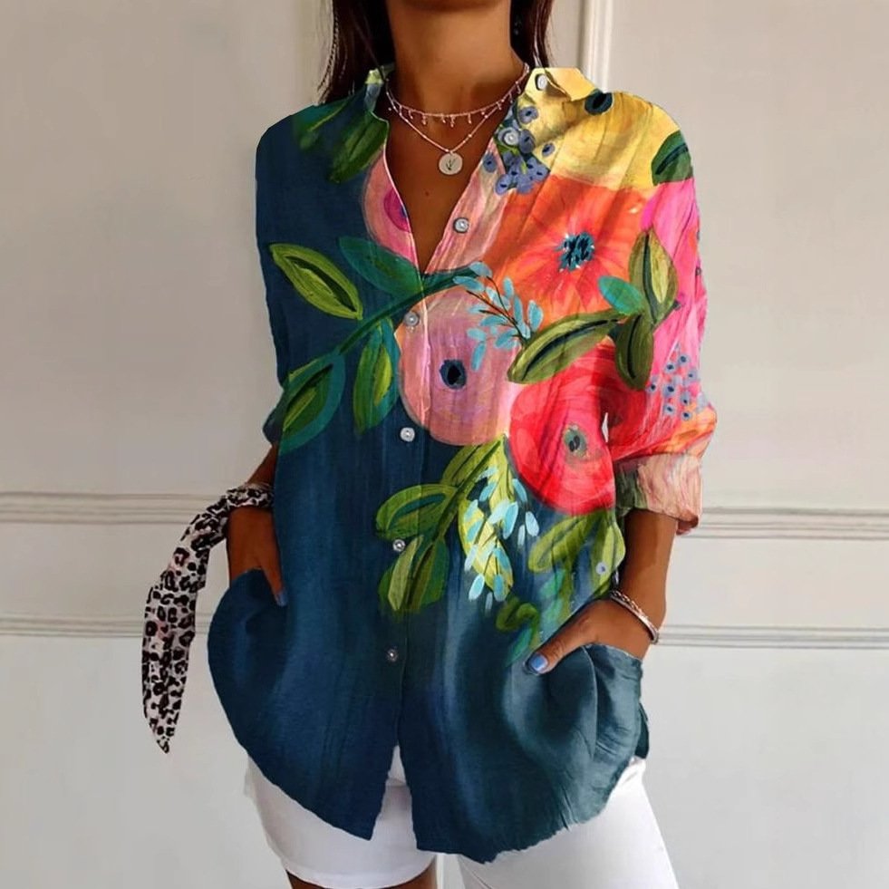 Shirt Collar Long Sleeve Floral Regular Loose Shirt For Women