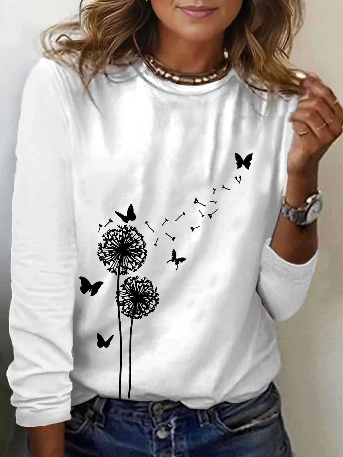 Casual Dandelion Crew Neck Long Sleeve T-shirt