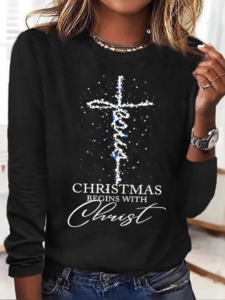 Casual Christmas Crew Neck Long Sleeve T-shirt