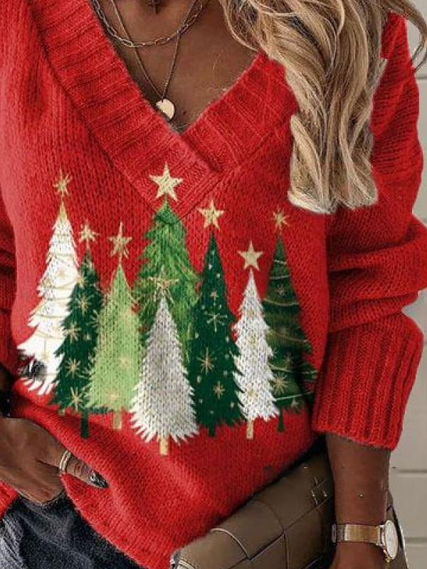 Casual V Neck Christmas Tree Print Sweatshirt