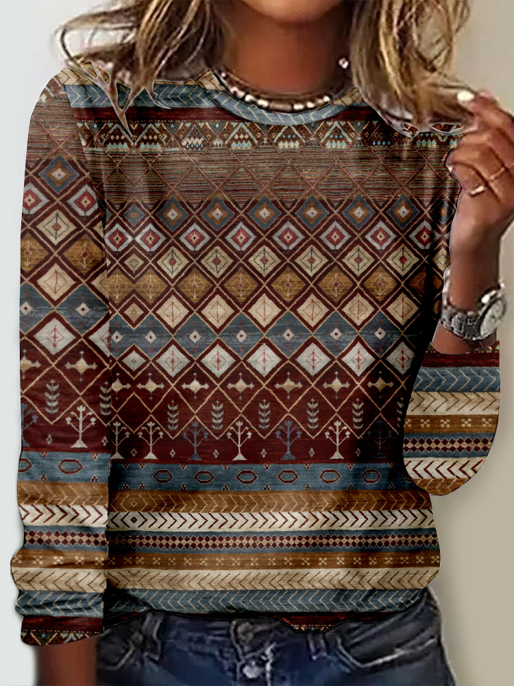 Casual Ethnic Crew Neck Long Sleeve T-shirt