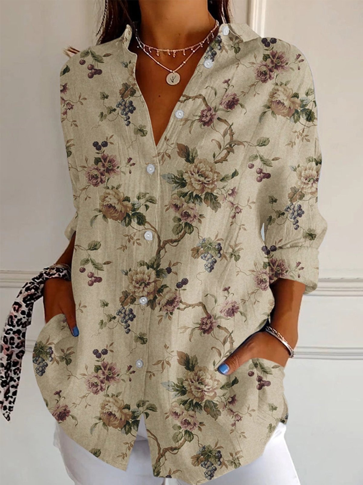 Shirt Collar Long Sleeve Floral Regular Loose Shirt For Women