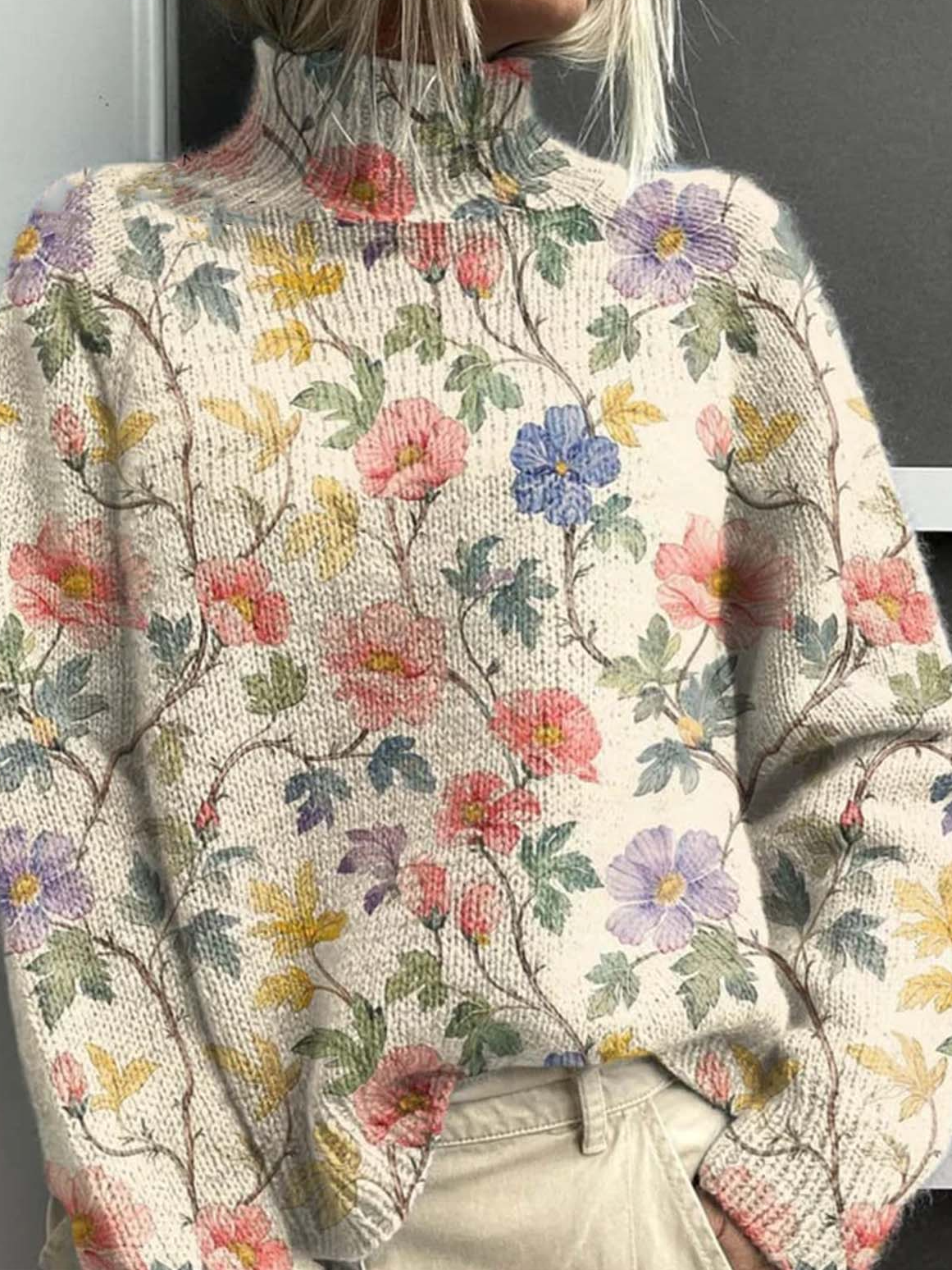 Vintage Mock Neck 3D Floral Printing Sweatshirt