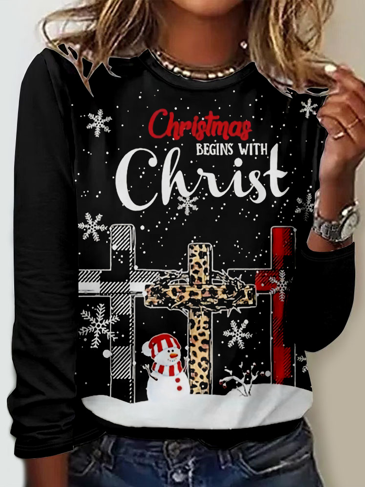 Casual Christmas Crew Neck Long Sleeve T-shirt