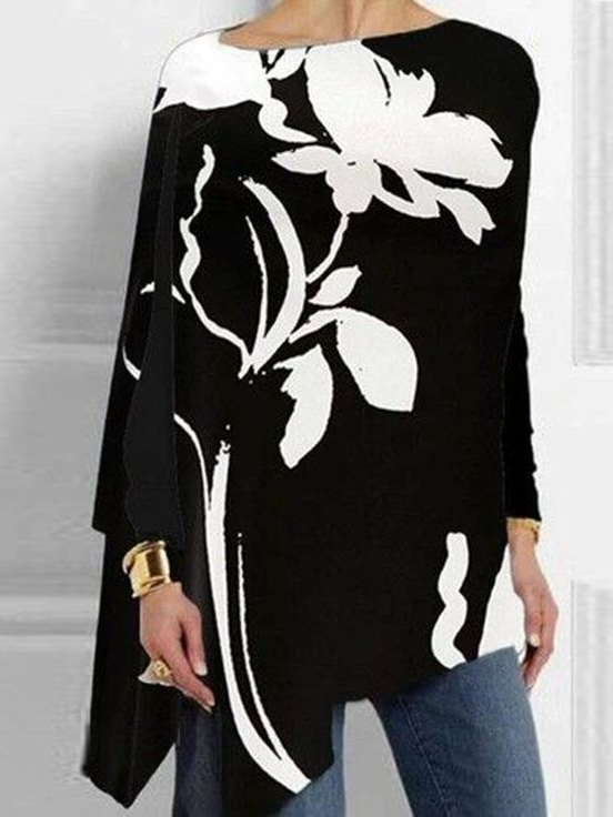 Crew Neck Long Sleeve Floral Regular Micro-Elasticity Loose Blouse For Women