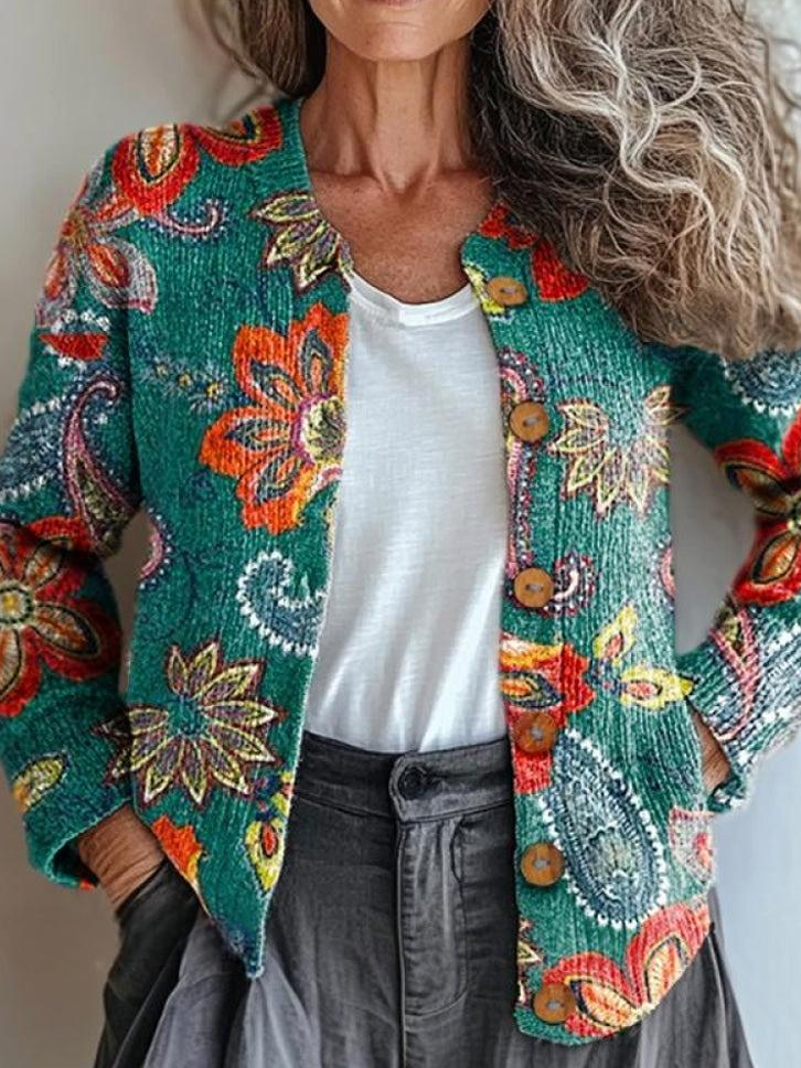 Women Knitted Paisley Long Sleeve Comfy Vintage Cardigan