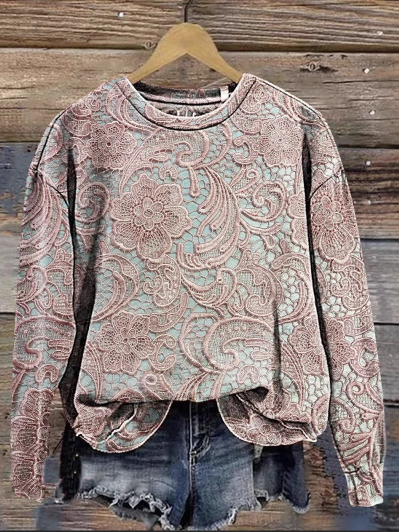 Casual Crew Neck Floral Sweatshirt