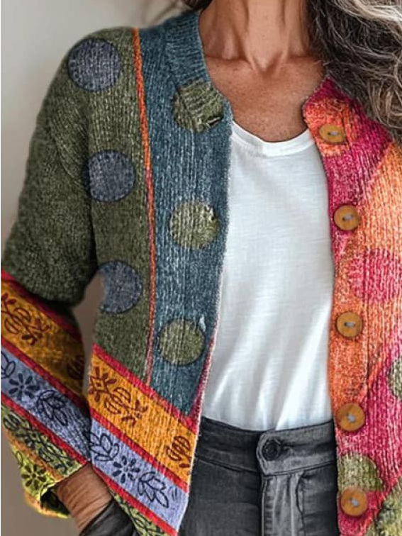 Women Yarn/Wool Yarn Geometric Long Sleeve Comfy Boho Cardigan