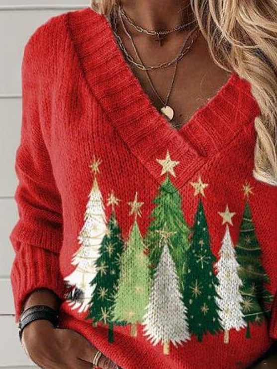 Casual V Neck Christmas Tree Print Sweatshirt