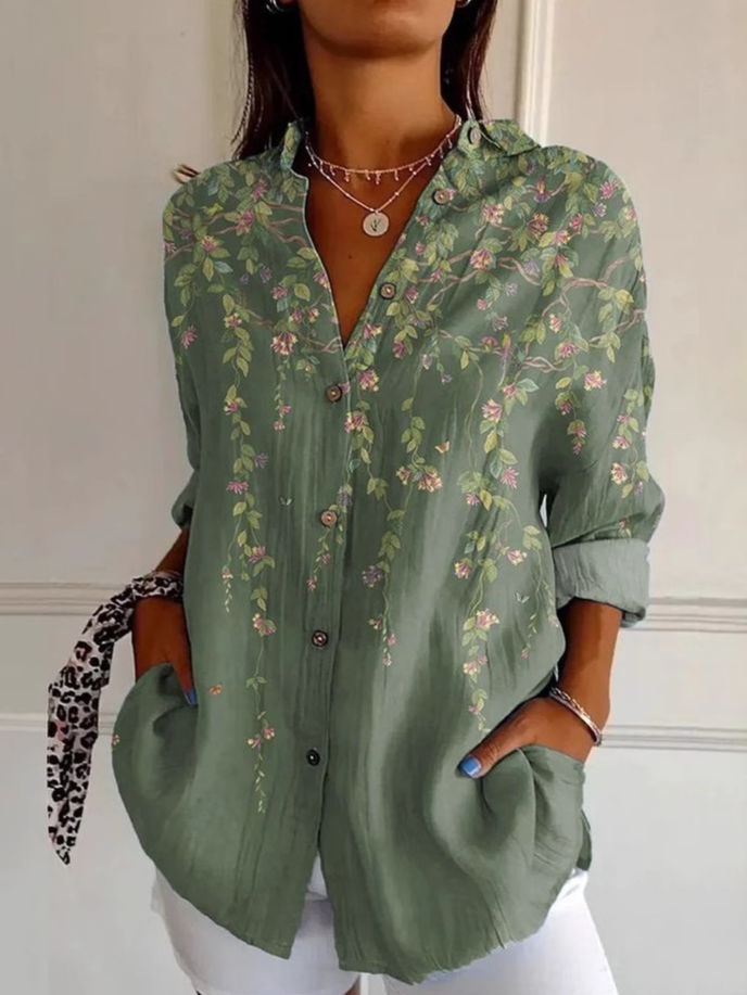 Shirt Collar Long Sleeve Floral Regular Loose Shirt For Women