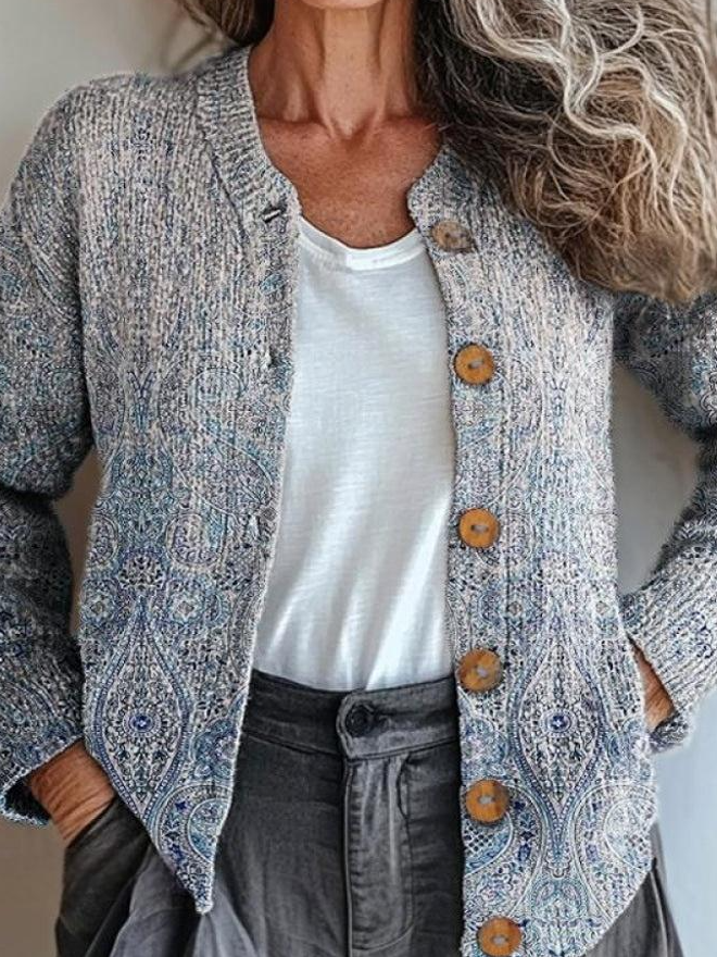 Women Knitted Paisley Long Sleeve Comfy Vintage Cardigan