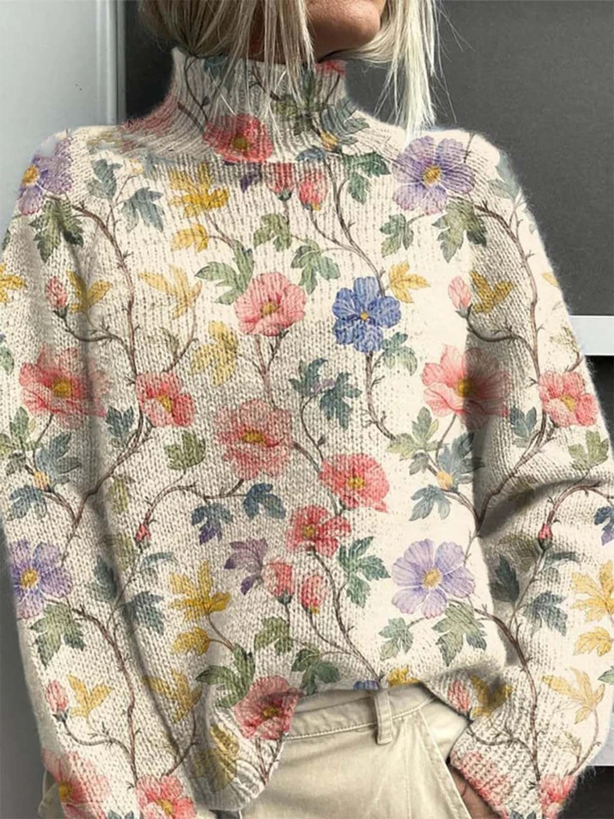 Vintage Mock Neck 3D Floral Printing Sweatshirt