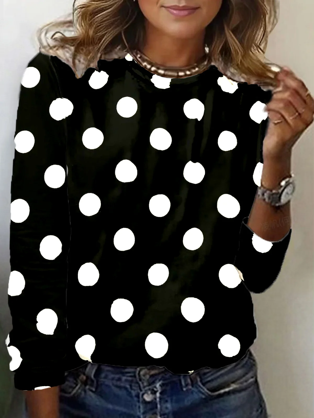 Casual Polka Dots Crew Neck Long Sleeve T-shirt