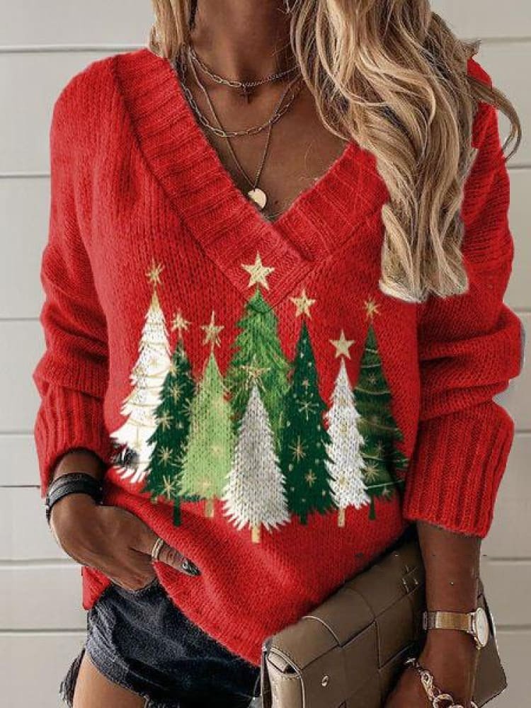 Casual V Neck Christmas Tree Print Sweatshirt