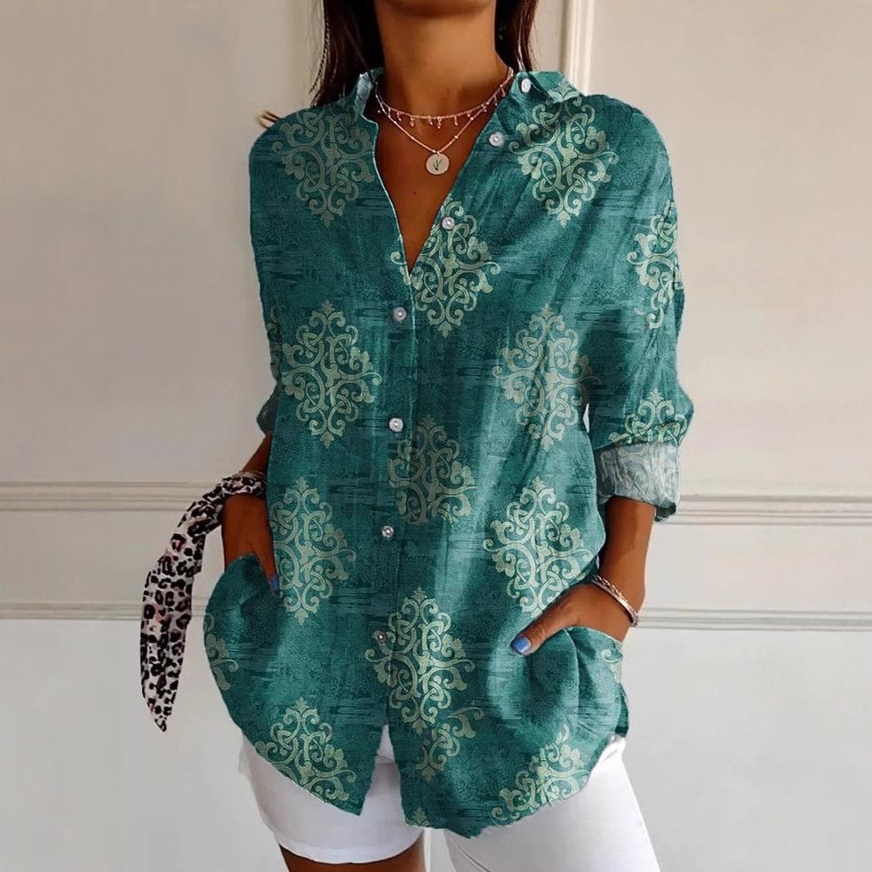 Shirt Collar Long Sleeve Floral Regular Loose Shirt For Women