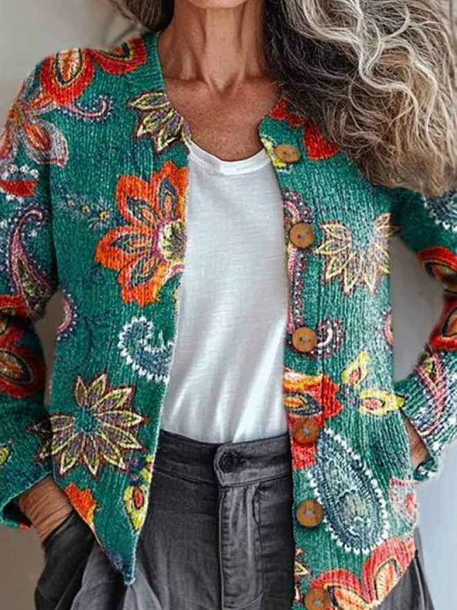 Women Knitted Paisley Long Sleeve Comfy Vintage Cardigan