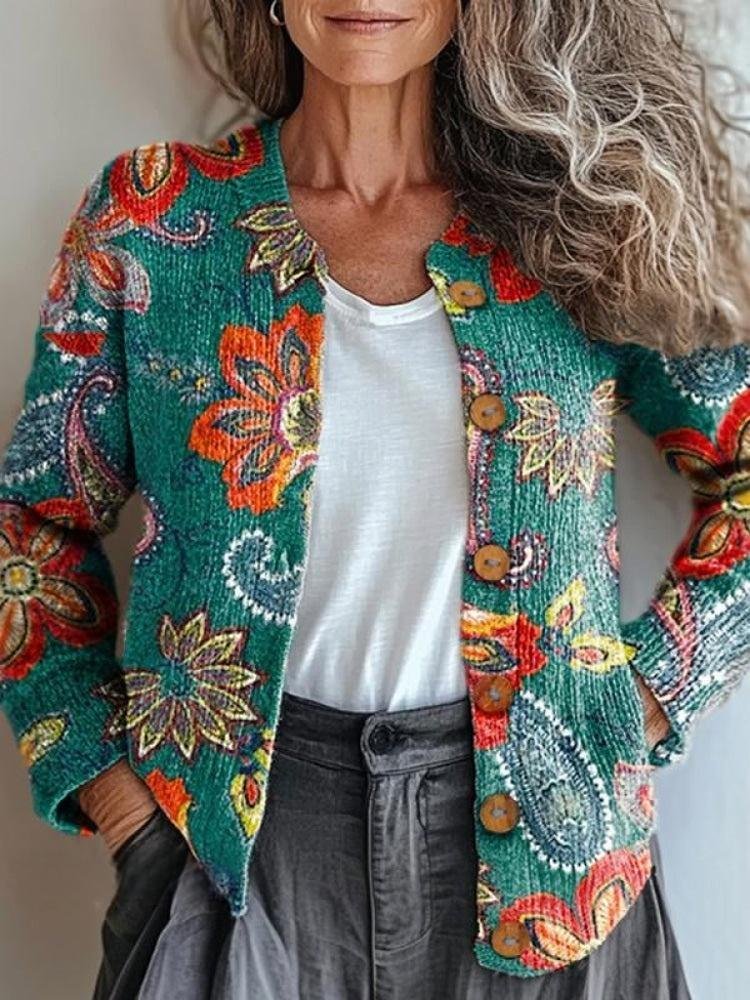 Women Knitted Paisley Long Sleeve Comfy Vintage Cardigan