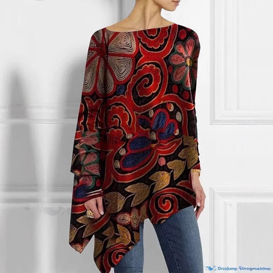 Crew Neck Long Sleeve Ethnic Regular Micro-Elasticity Loose Blouse For Women