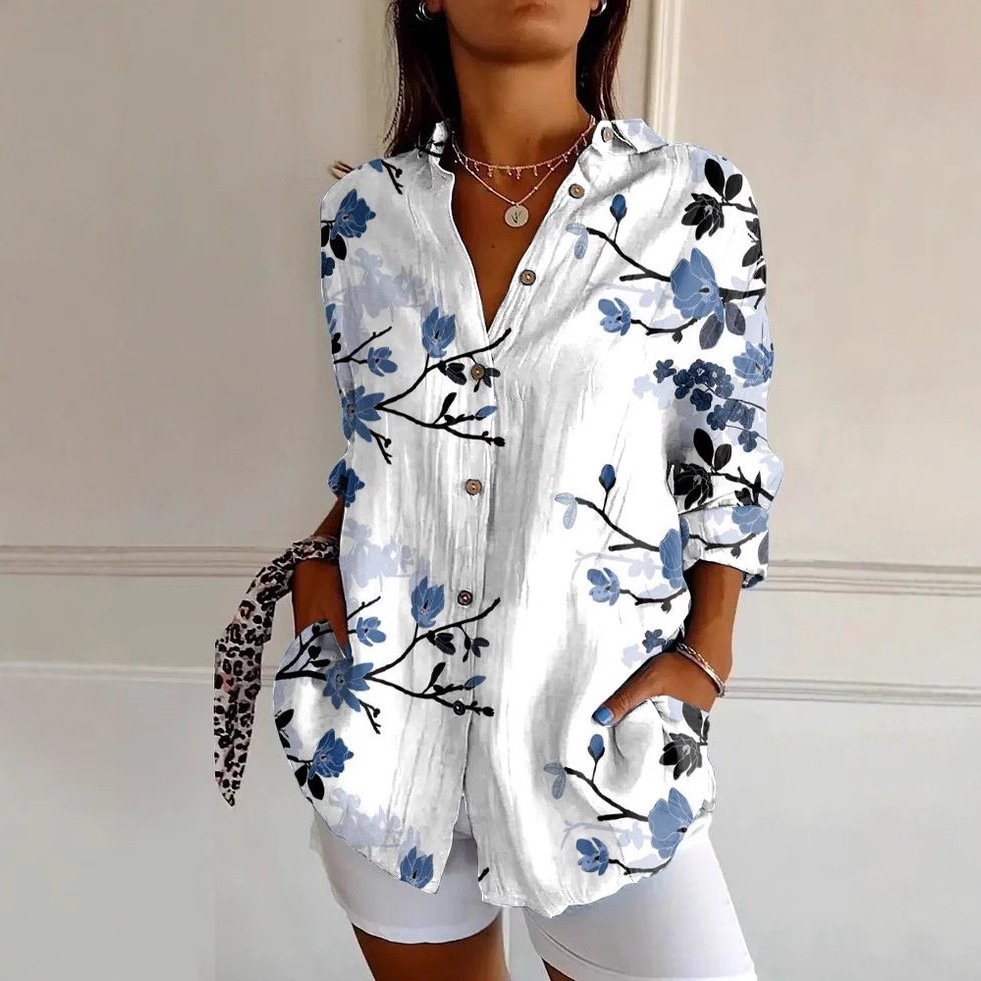 Shirt Collar Long Sleeve Floral Regular Loose Shirt For Women