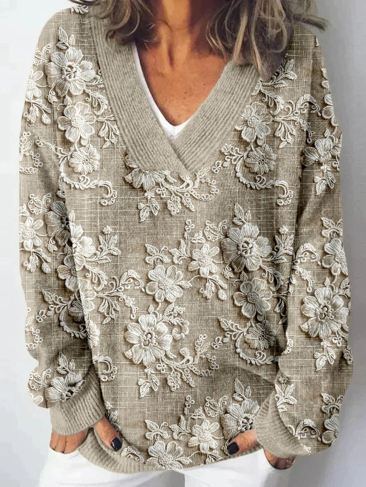 Casual V Neck Floral Sweatshirt