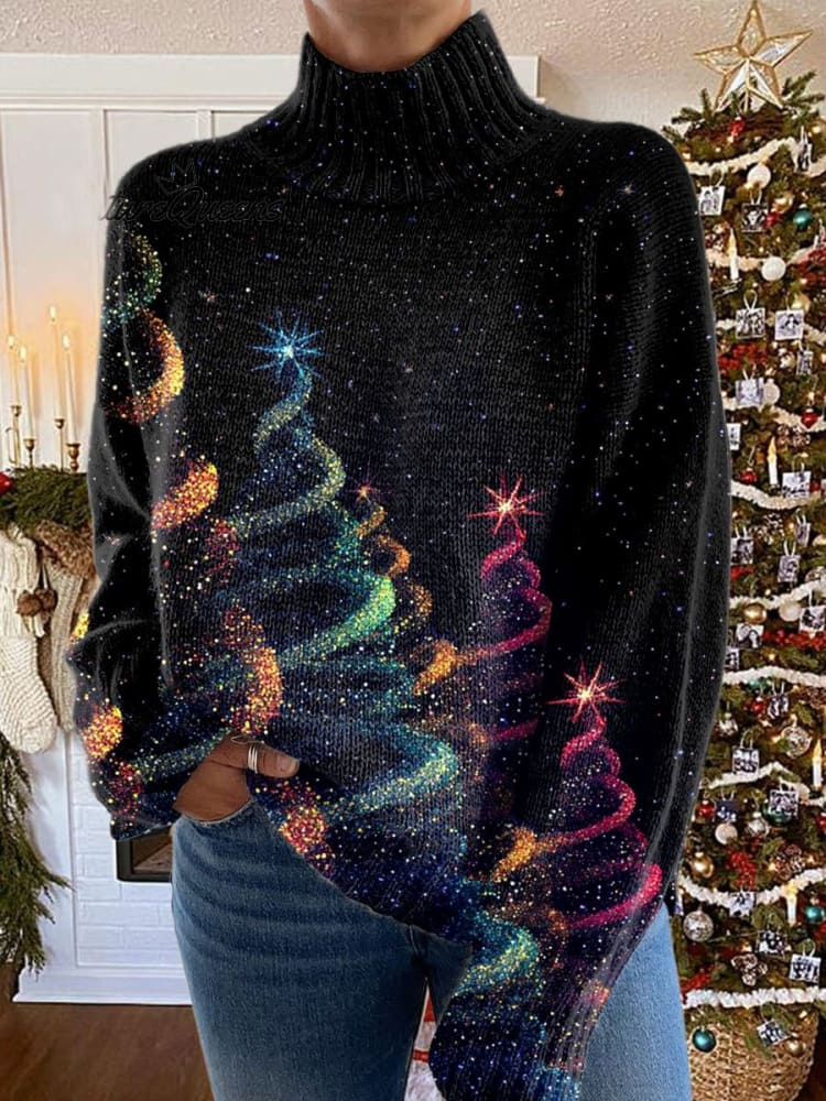 Casual Turtleneck Christmas Tree Art Print Sweatshirt