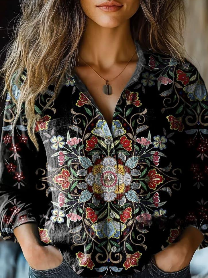 Shawl Collar Long Sleeve Ethnic Regular Micro-Elasticity Loose Shirt For Women