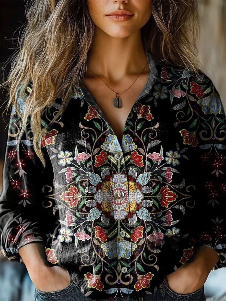 Shawl Collar Long Sleeve Ethnic Regular Micro-Elasticity Loose Shirt For Women