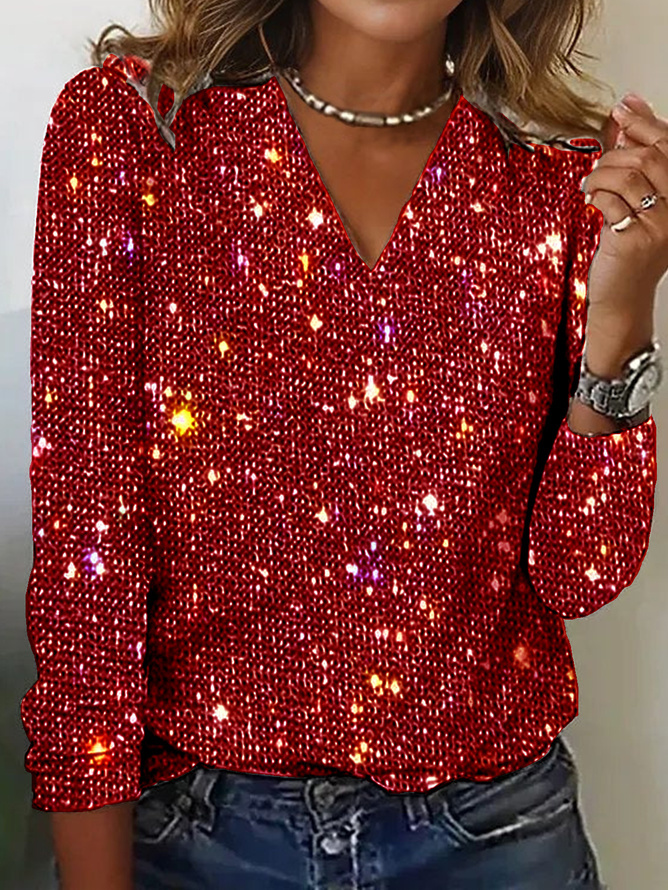 Casual Holiday Sequin Pattern V Neck Short Sleeve T-shirt