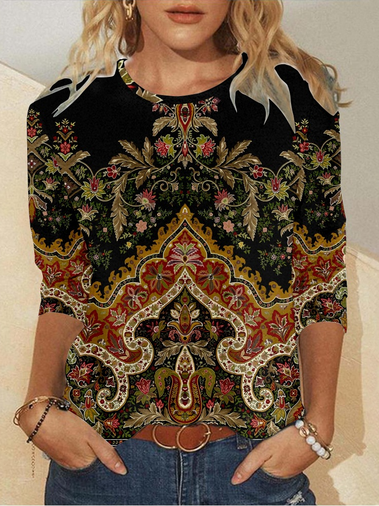 Casual Ethnic Crew Neck Long Sleeve T-shirt