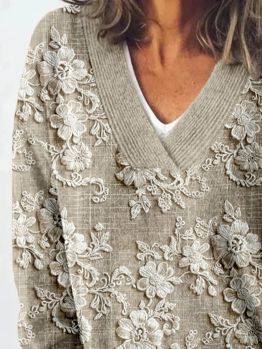 Casual V Neck Floral Sweatshirt